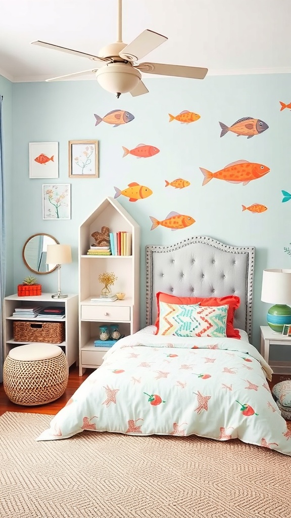 A whimsical coastal-themed bedroom with fish wall art, starfish bedding, and a cozy atmosphere.