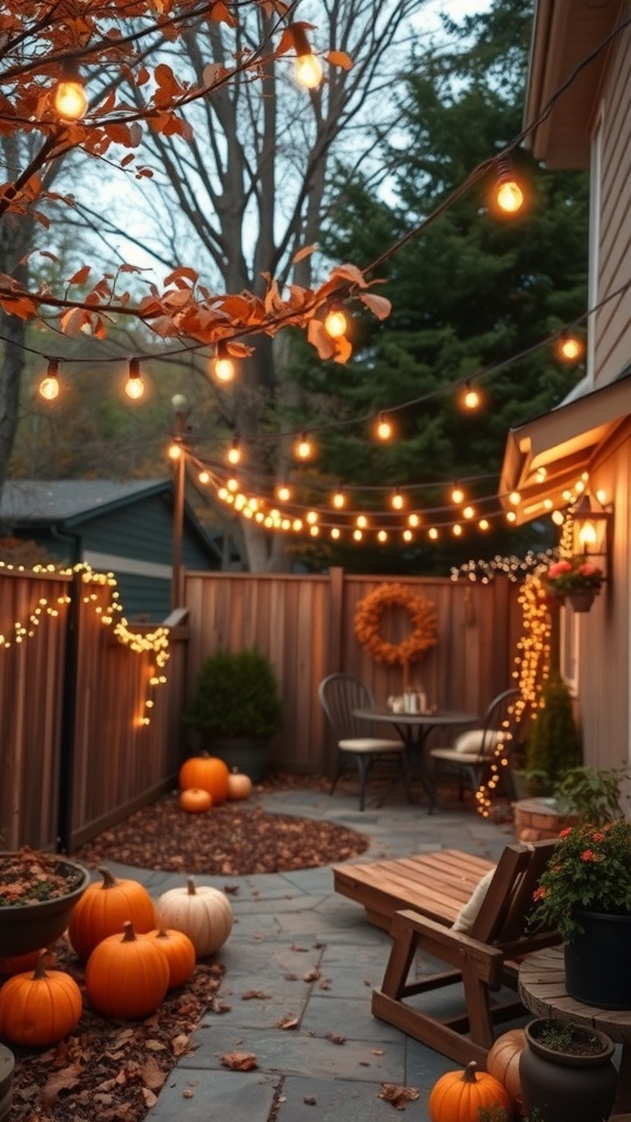 A cozy outdoor space decorated with fairy lights and pumpkins, showcasing a warm fall atmosphere.