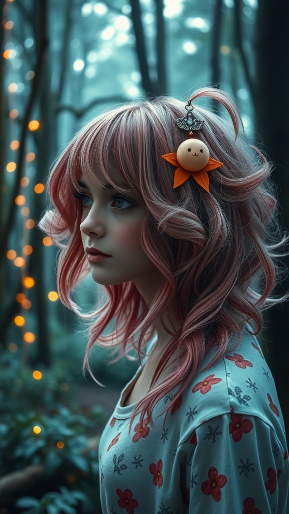 An illustration of a character with shaggy hair and curled bangs in a misty forest with fairy lights.