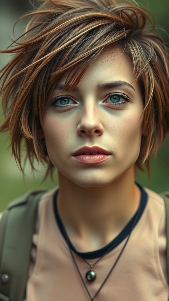 A woman with a wild shag haircut featuring tousled bangs, showcasing a mix of warm hair tones.