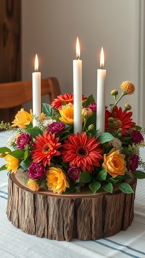 A colorful floral centerpiece on a wood slice base with three white candles.