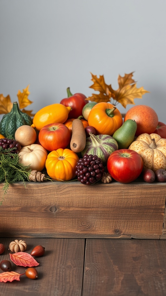 A wooden crate filled with colorful fruits and vegetables, surrounded by autumn leaves and nuts.