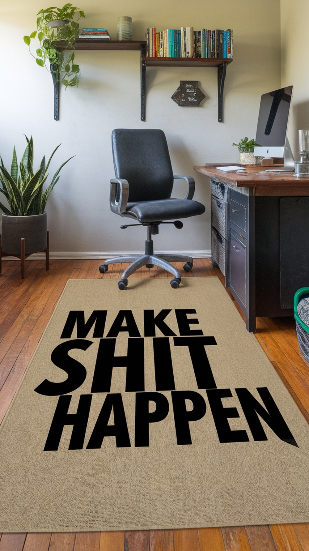 A home office featuring a statement rug with the text 'MAKE SHIT HAPPEN' on it, surrounded by a desk, chair, and plants.
