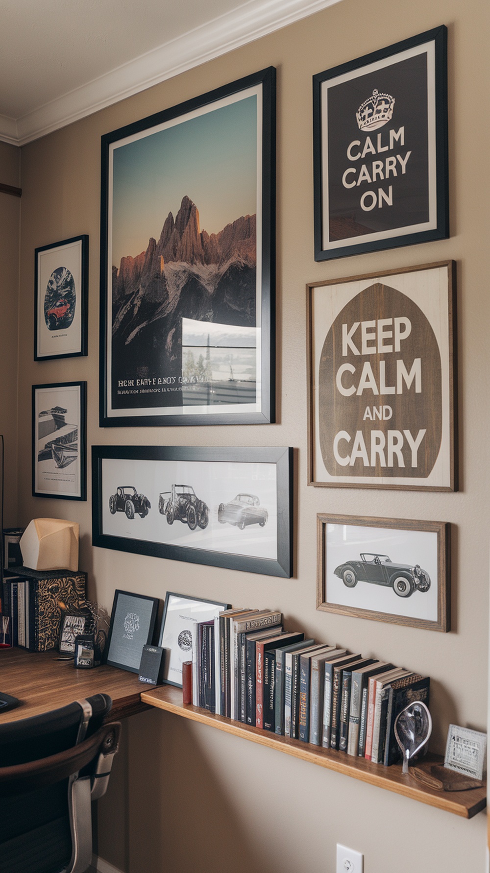 A masculine home office featuring artwork that reflects personal interests, including vintage car posters and landscape photography, with plants enhancing the decor.