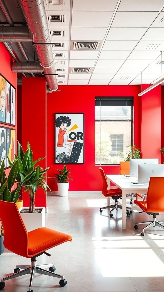 An office space with a bold red wall, plants, and a cozy rug.