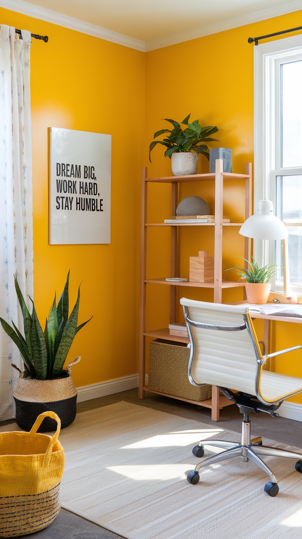 A bright yellow office with a motivational poster, plants, and modern furniture.