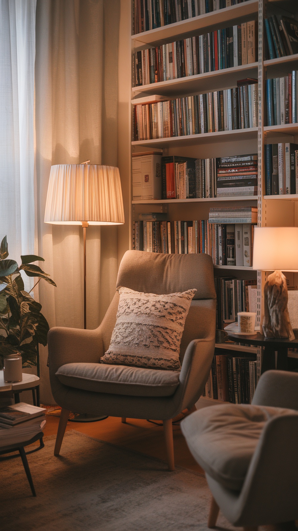 A cozy reading nook with a comfortable chair, soft lighting, and a bookshelf filled with books.