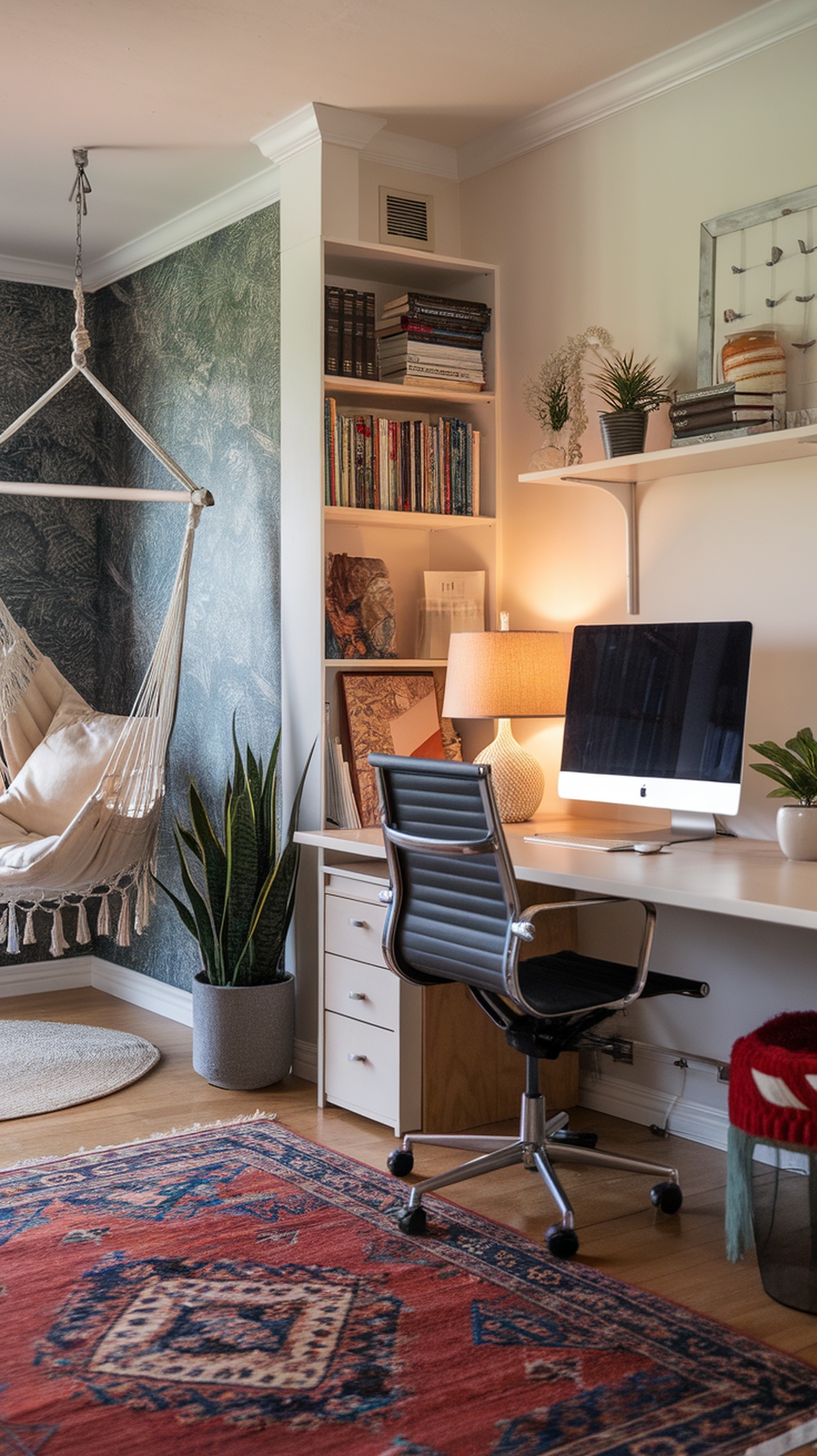 A cozy home office featuring a hammock chair, a desk with a computer, plants, and a warm lamp.