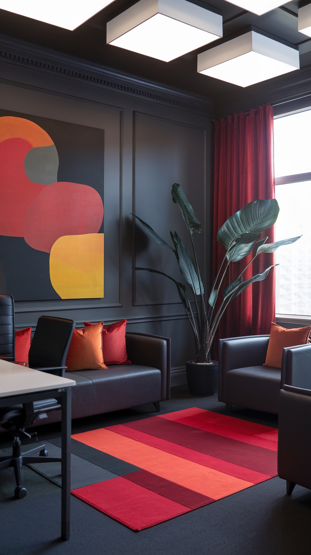 A modern home office featuring a dark color scheme with red and orange accents, a large abstract painting, and comfortable seating.