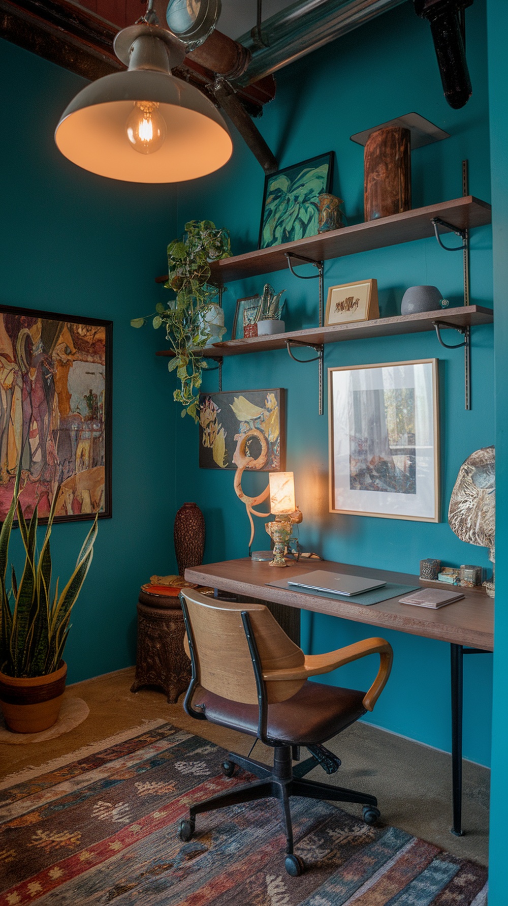A stylish office with teal walls, a wooden desk, and decorative shelves.