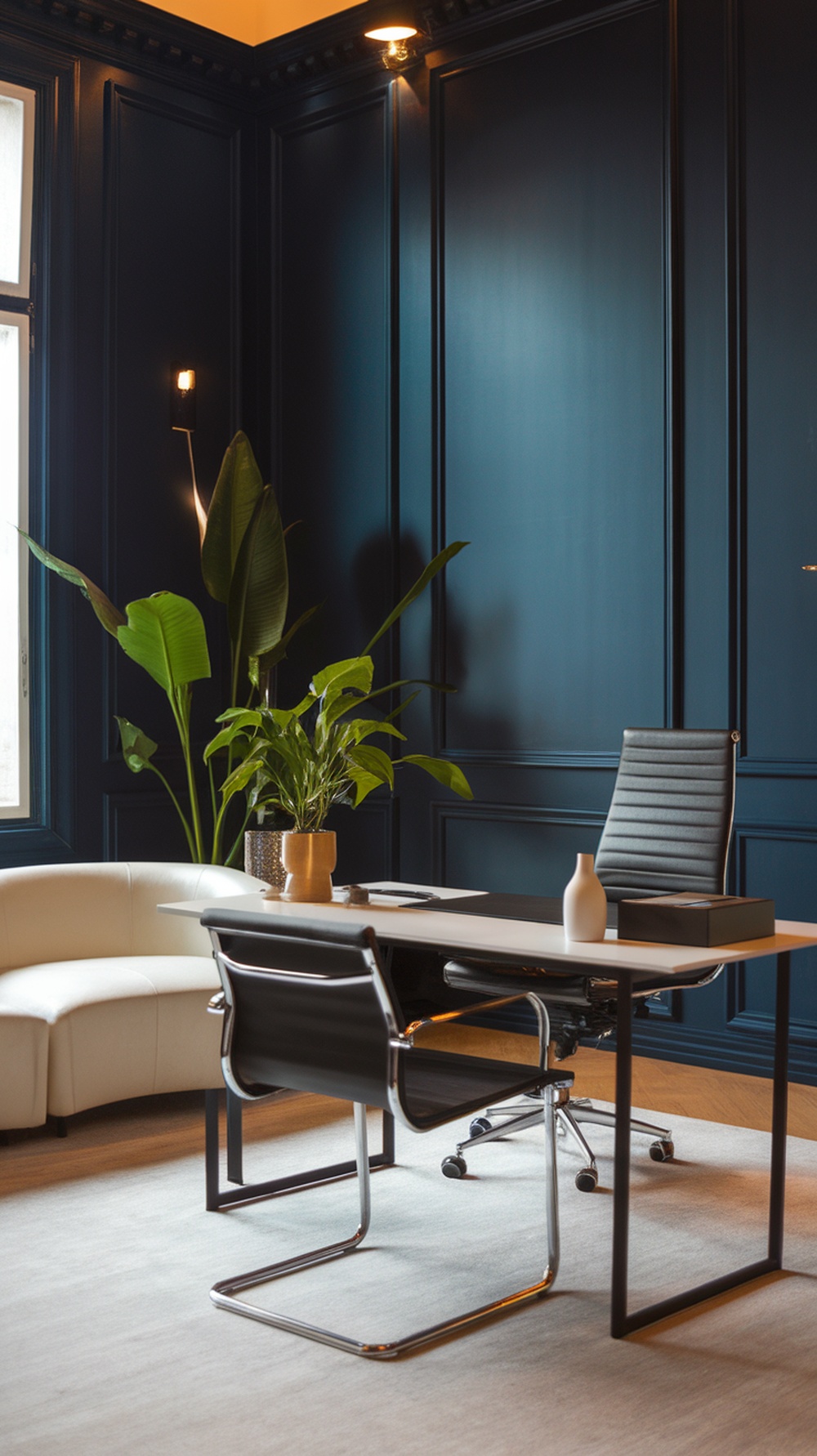 An office with deep navy blue walls, white furniture, and green plants.