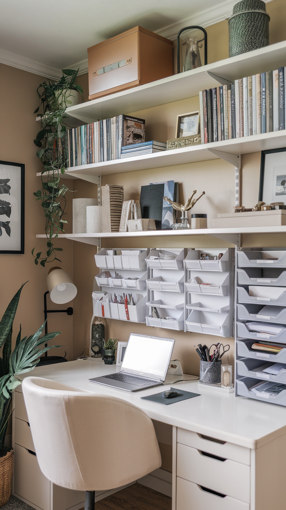 A stylish home office with organized shelves, a clean desk, and plants.
