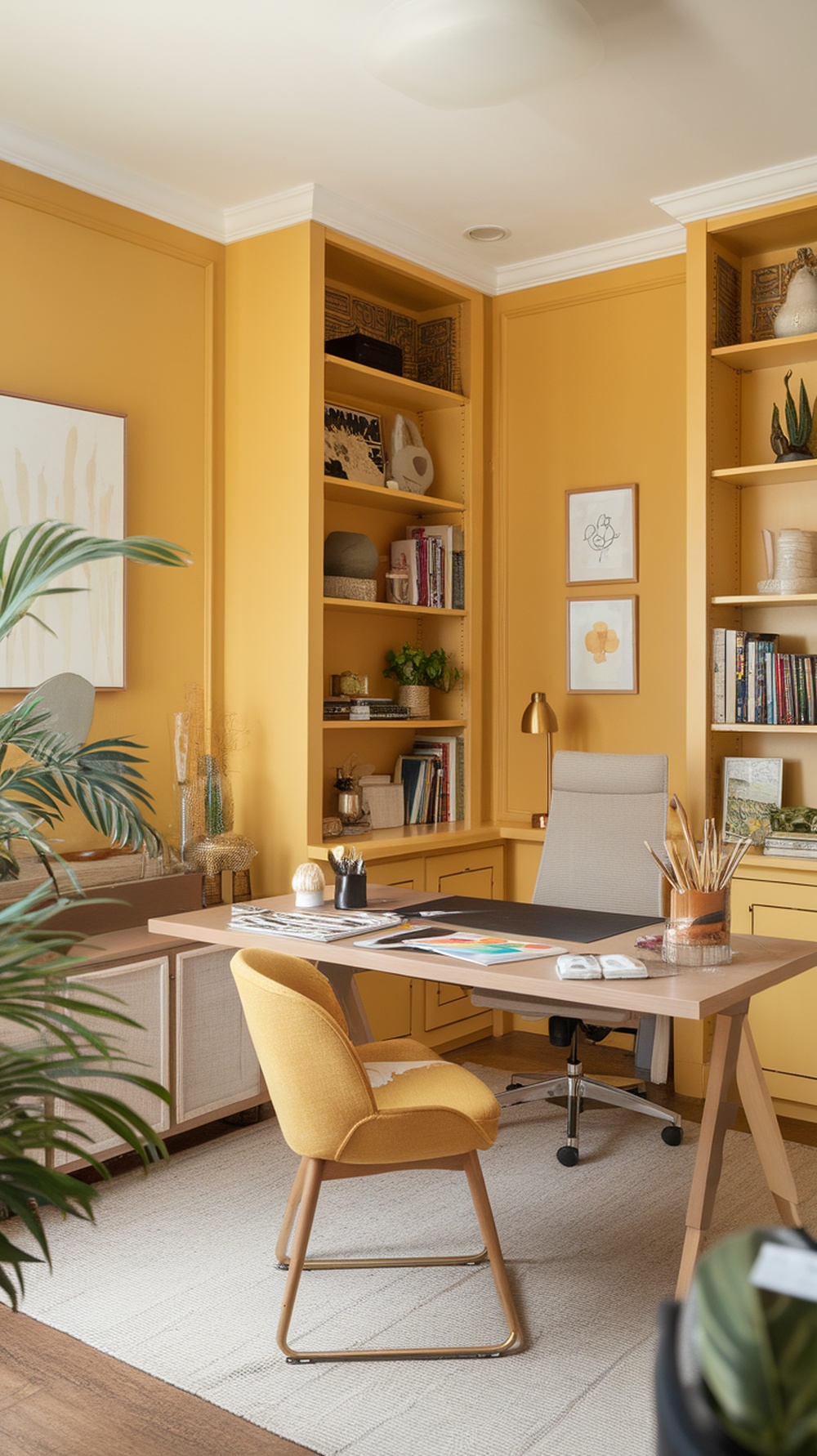 A bright home office with yellow walls and a yellow chair, featuring a desk, shelves, and plants.