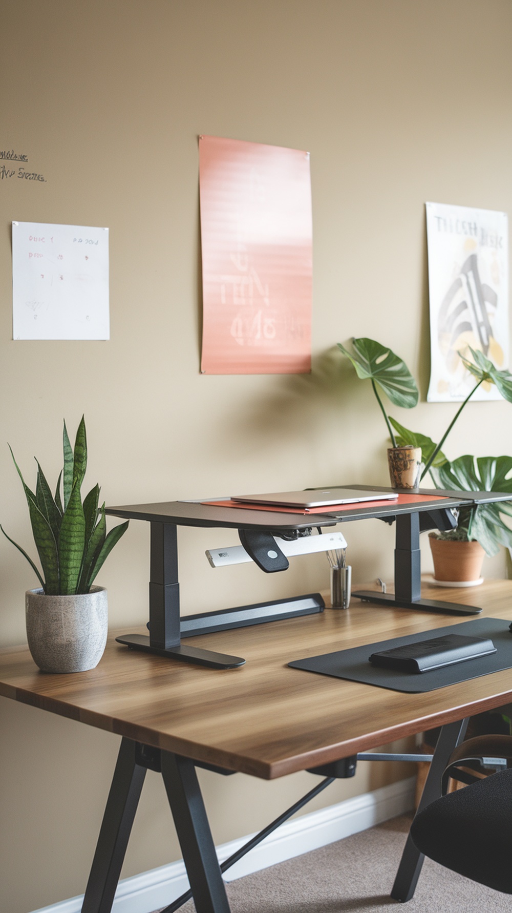 A modern ergonomic home office setup featuring a standing desk converter, a laptop, and plants.