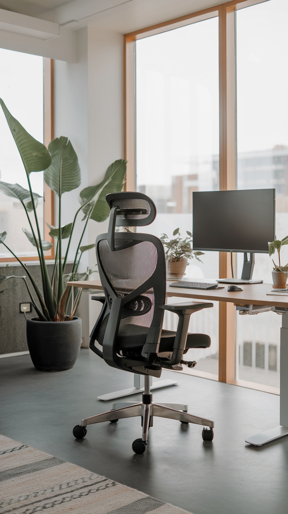 A modern ergonomic office chair next to a desk with a computer, surrounded by plants and natural light.