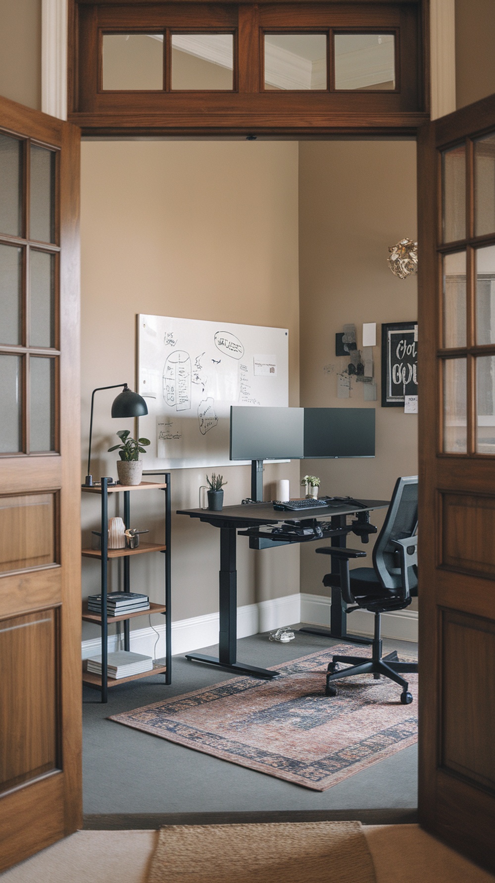 A modern home office featuring a standing desk, dual monitors, a whiteboard, and a cozy rug.