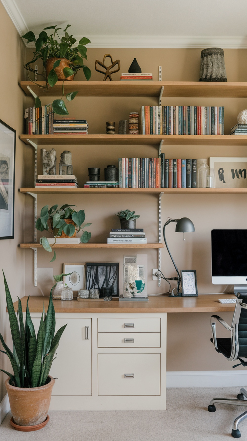 A masculine home office with functional shelving, featuring books, decorative items, and plants.