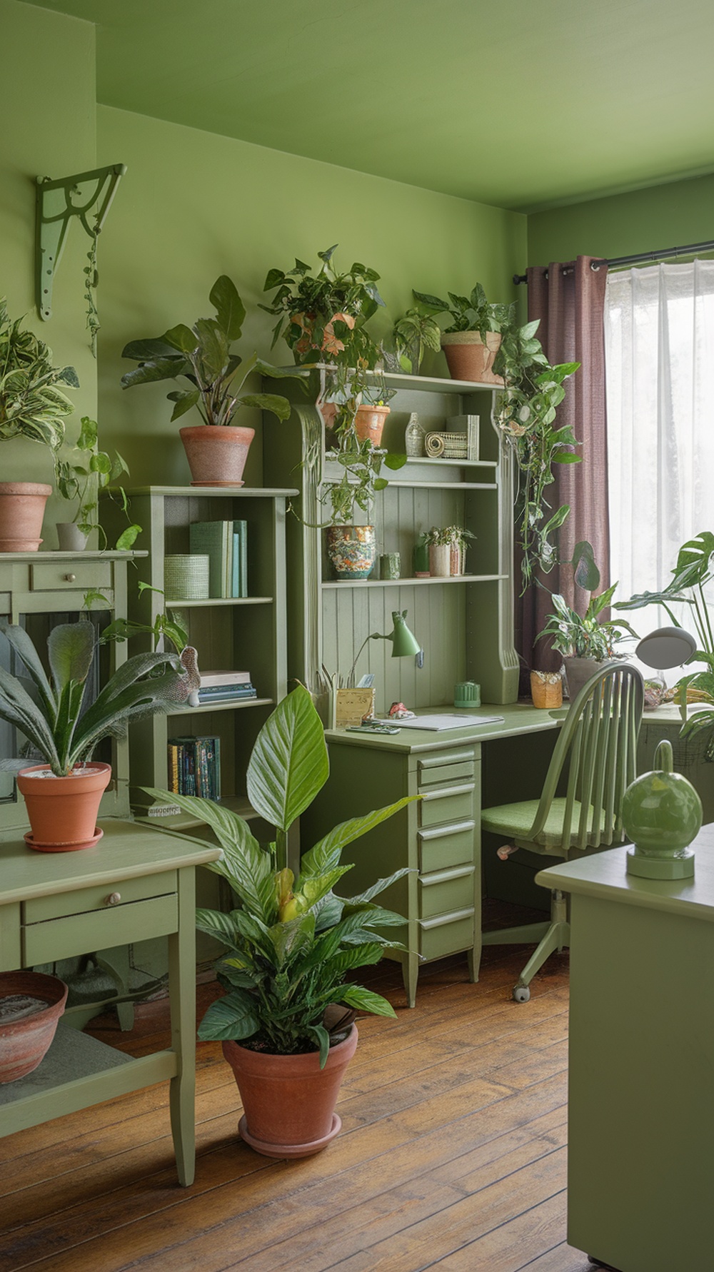 A green-themed home office filled with plants and greenery, creating a calming and productive environment.
