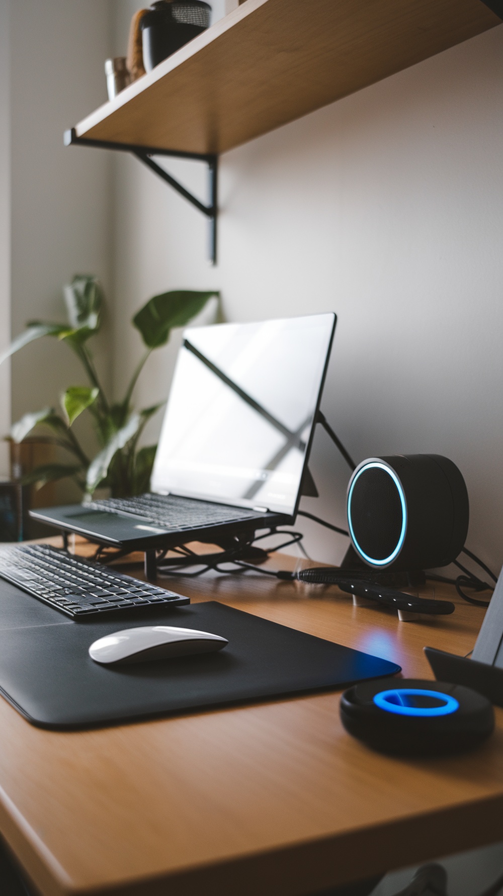 A modern home office setup featuring a laptop, keyboard, mouse, and smart speaker.