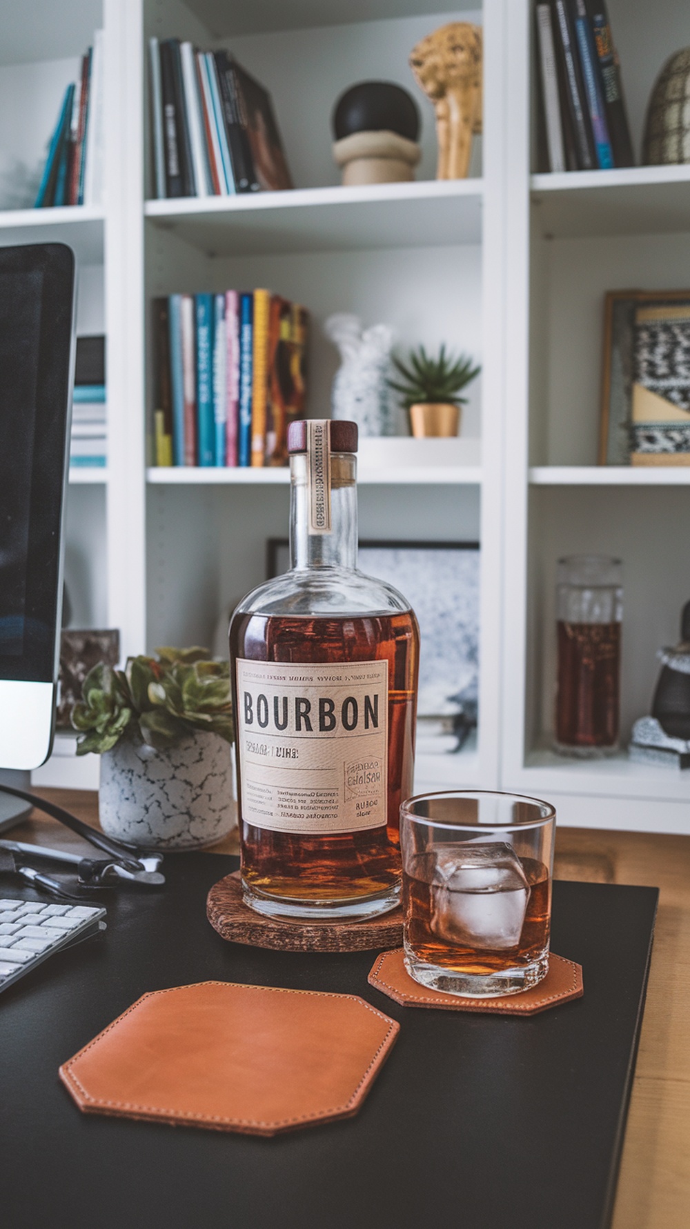 A stylish home office setup featuring a bottle of bourbon and a glass with ice on a desk.