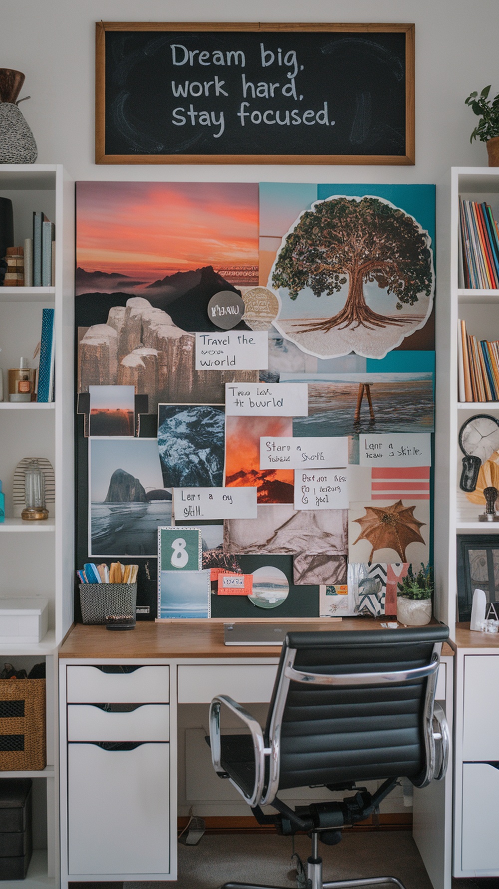 A vision board in a home office with motivational quotes and images representing goals.