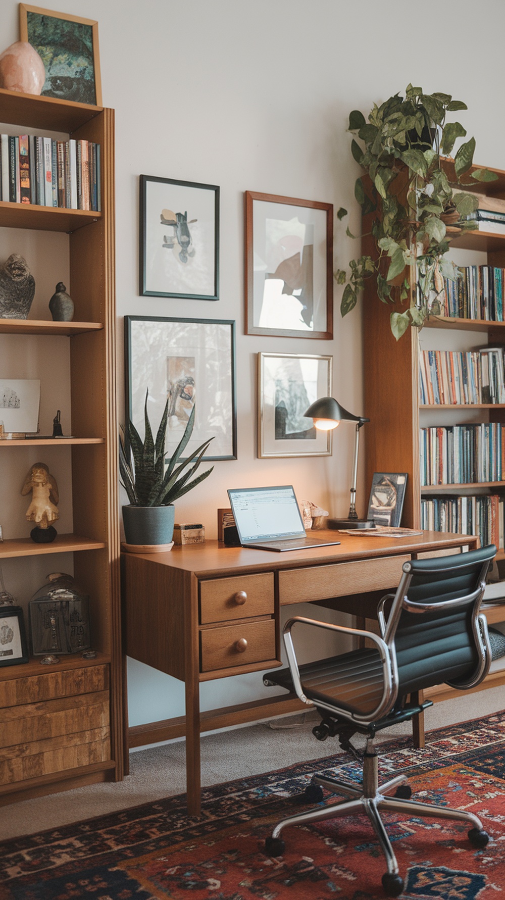 A cozy home office setup with framed art, a plant, and a wooden desk.