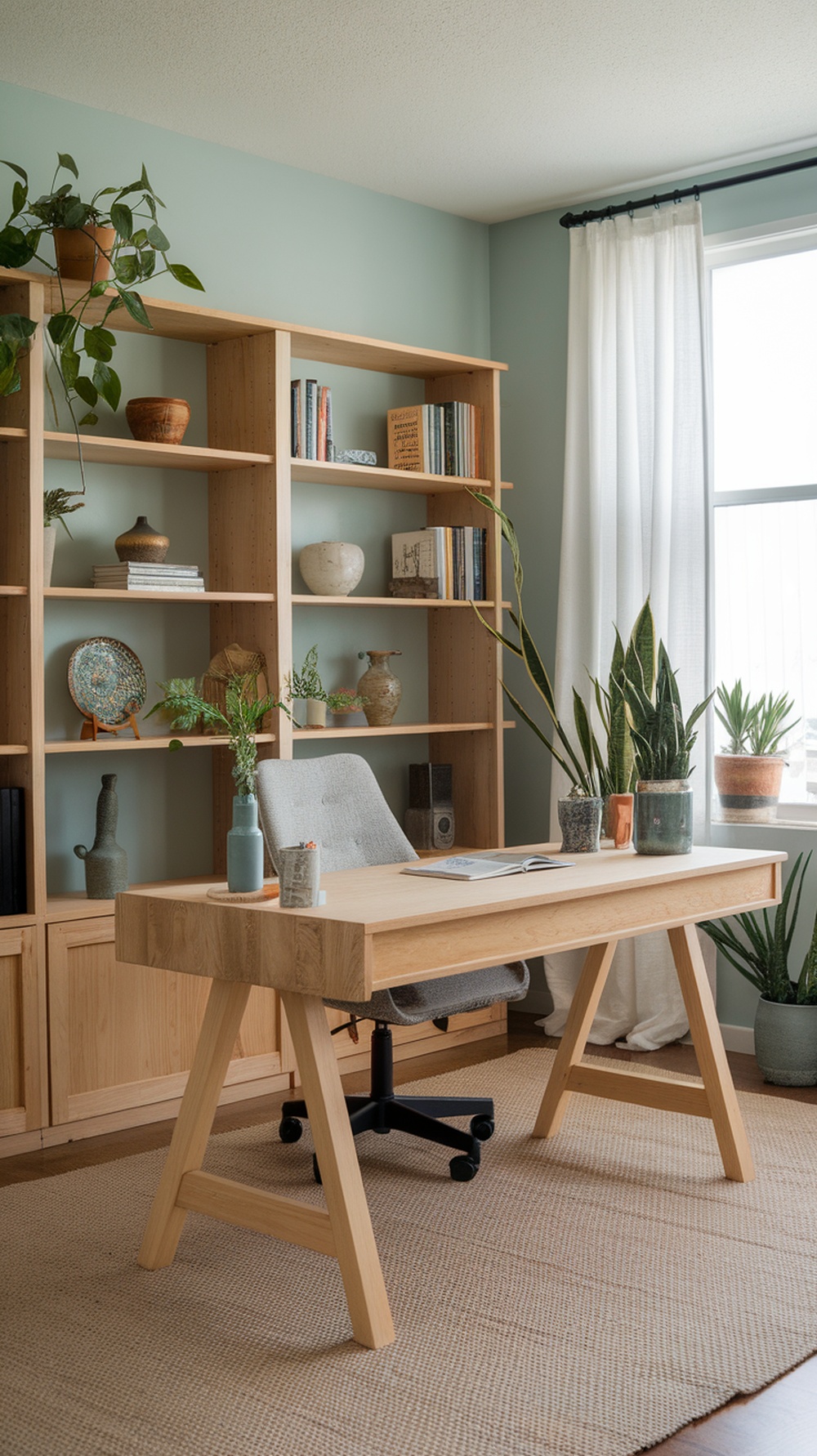 A modern home office featuring a wooden desk, potted plants, and natural light.