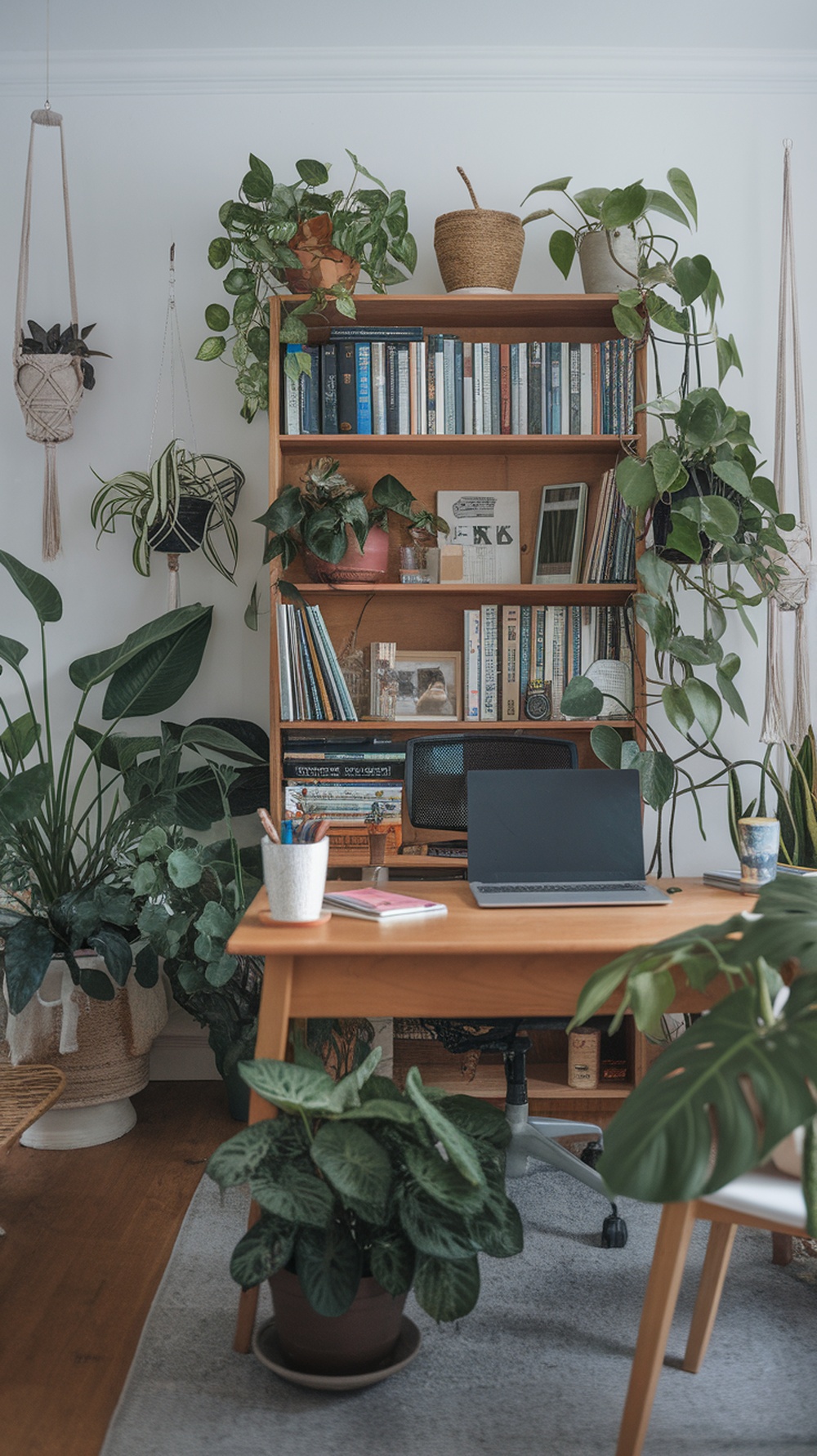 A cozy home office with a wooden desk, laptop, and various indoor plants surrounding the workspace.