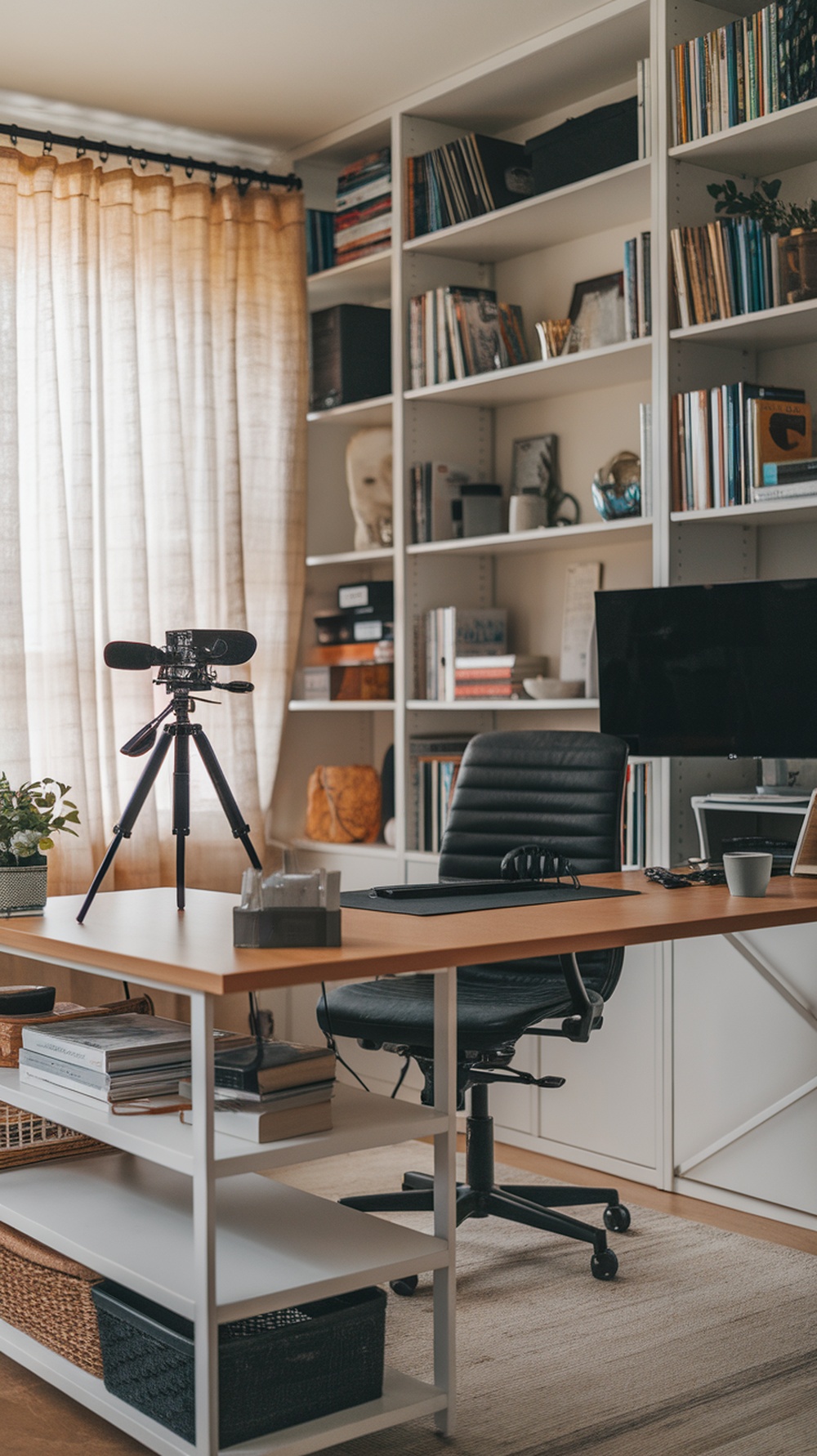 A modern home office setup featuring a desk, microphone on a tripod, computer monitor, and organized shelves.
