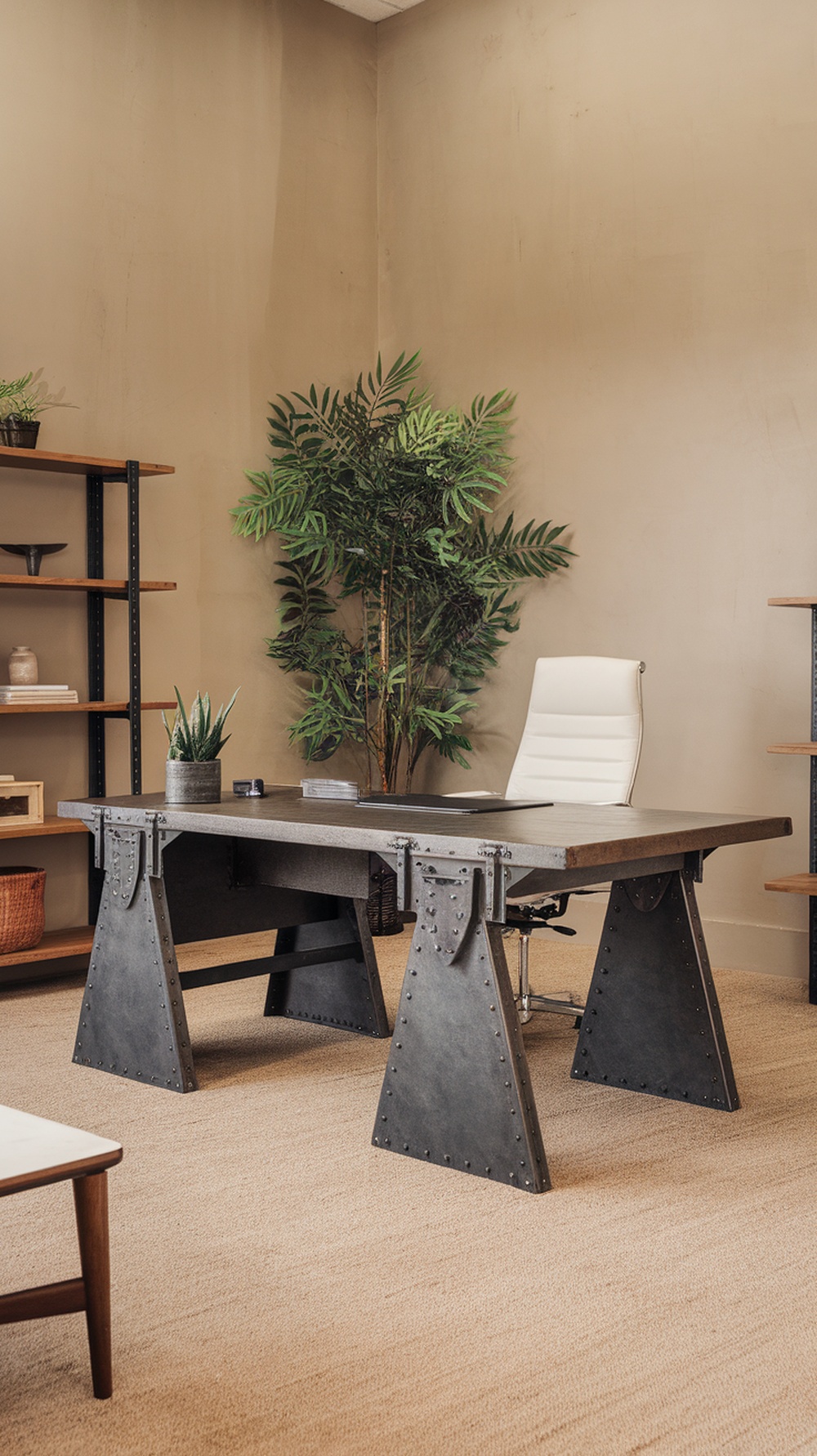 Industrial-style desk with metal accents in a modern home office