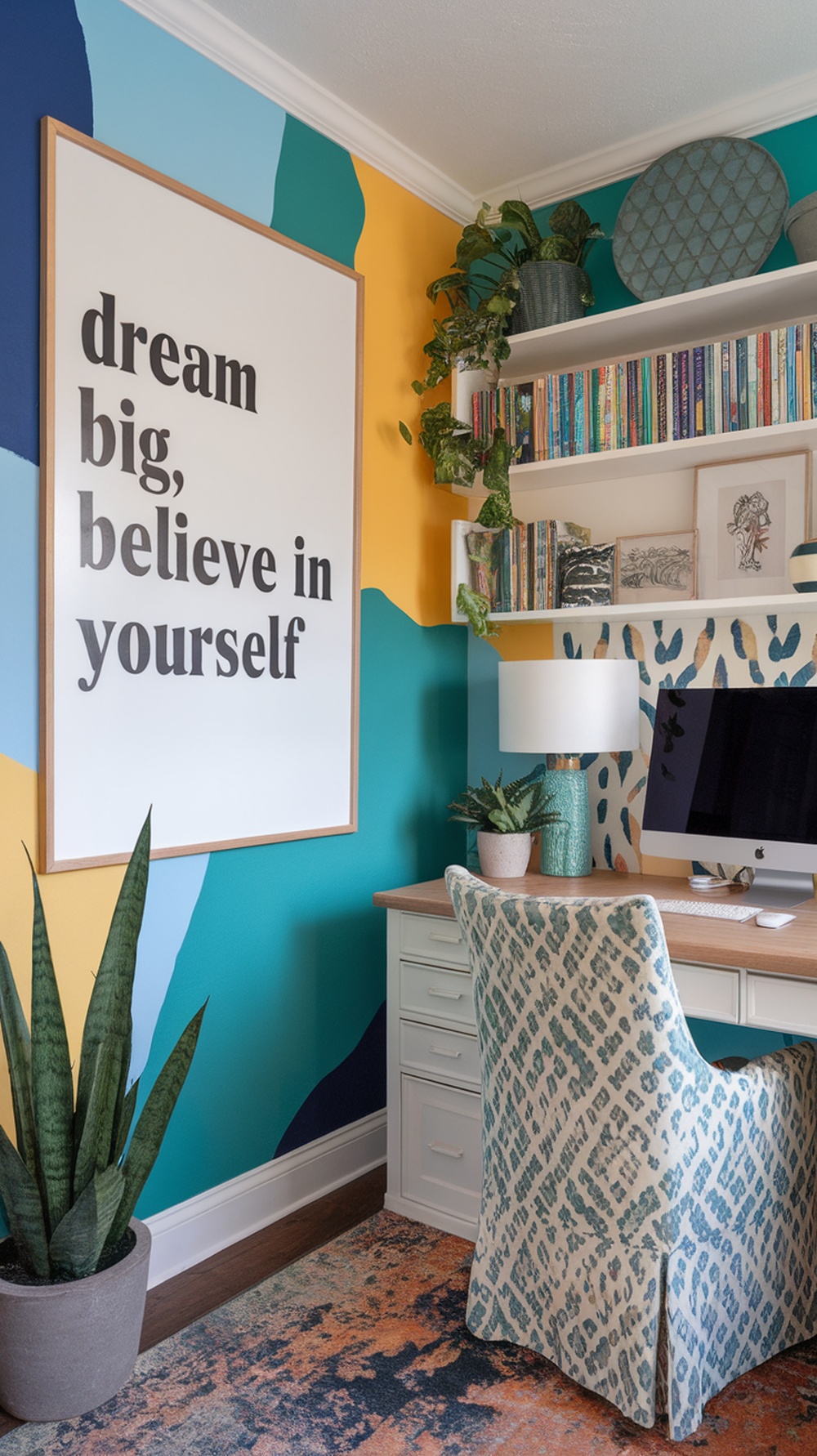 A colorful home office featuring a motivational quote on the wall, vibrant paint colors, plants, and a cozy desk setup.