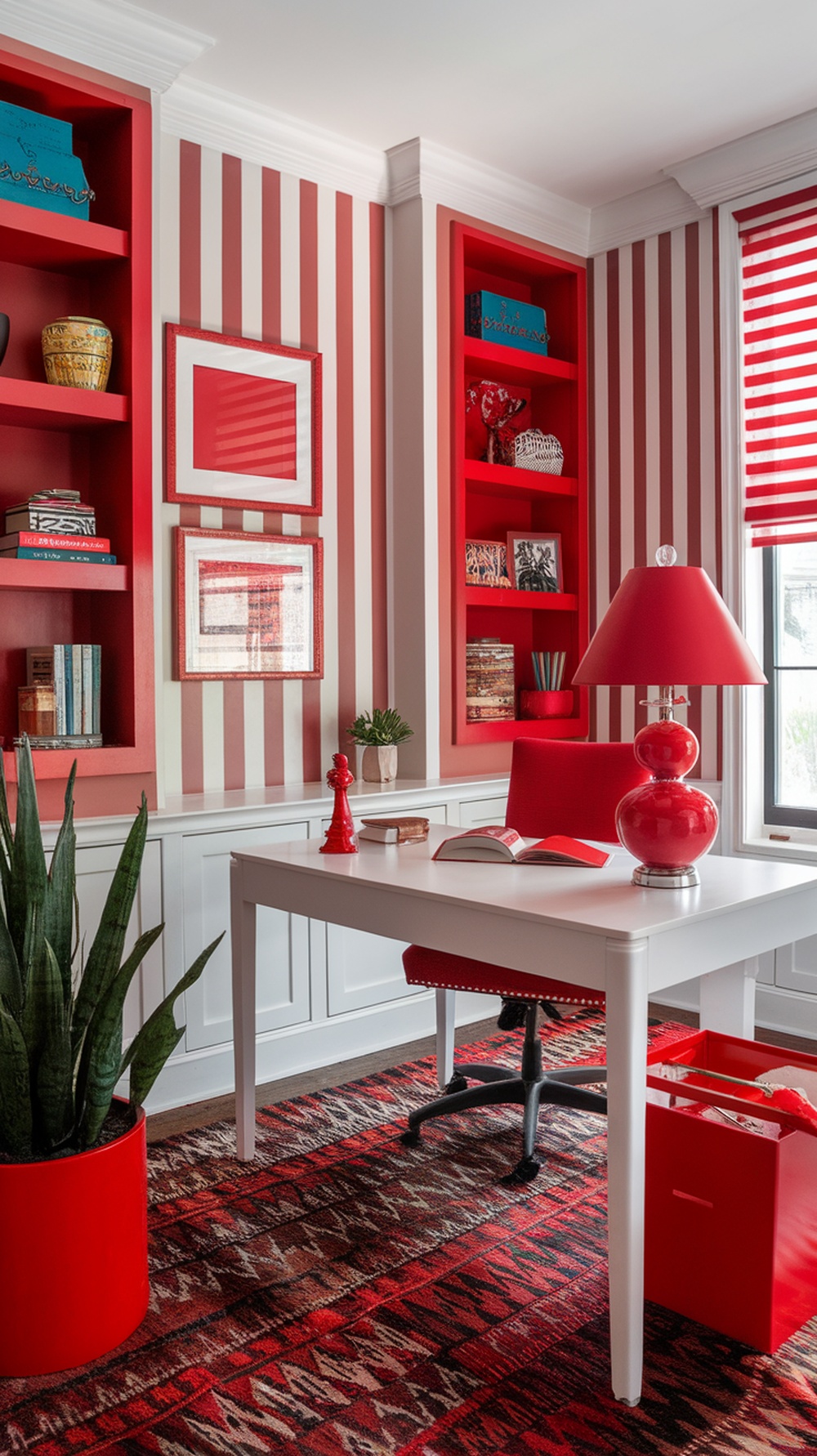 A home office with red highlights, featuring a cozy chair, decorative items, and motivational wall art.