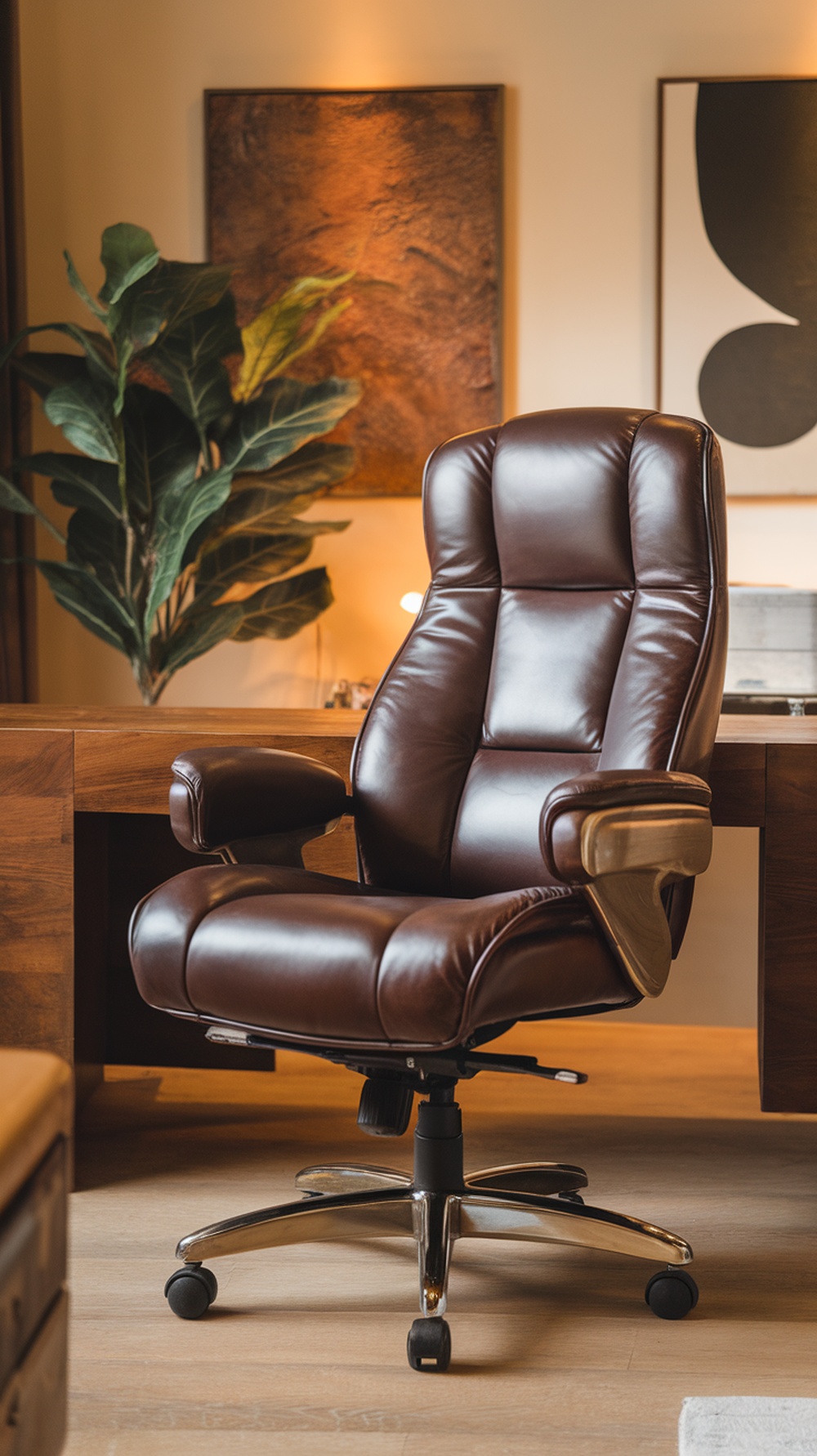 A stylish leather executive chair in a modern home office setting