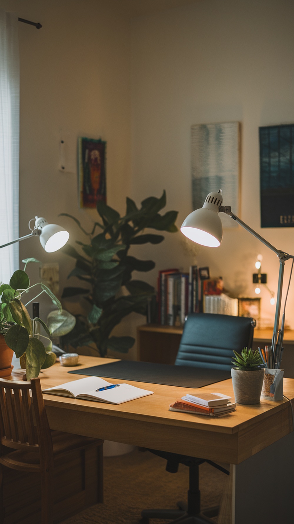 A cozy home office with two lamps, a desk, and plants, showcasing a bright and inviting workspace.