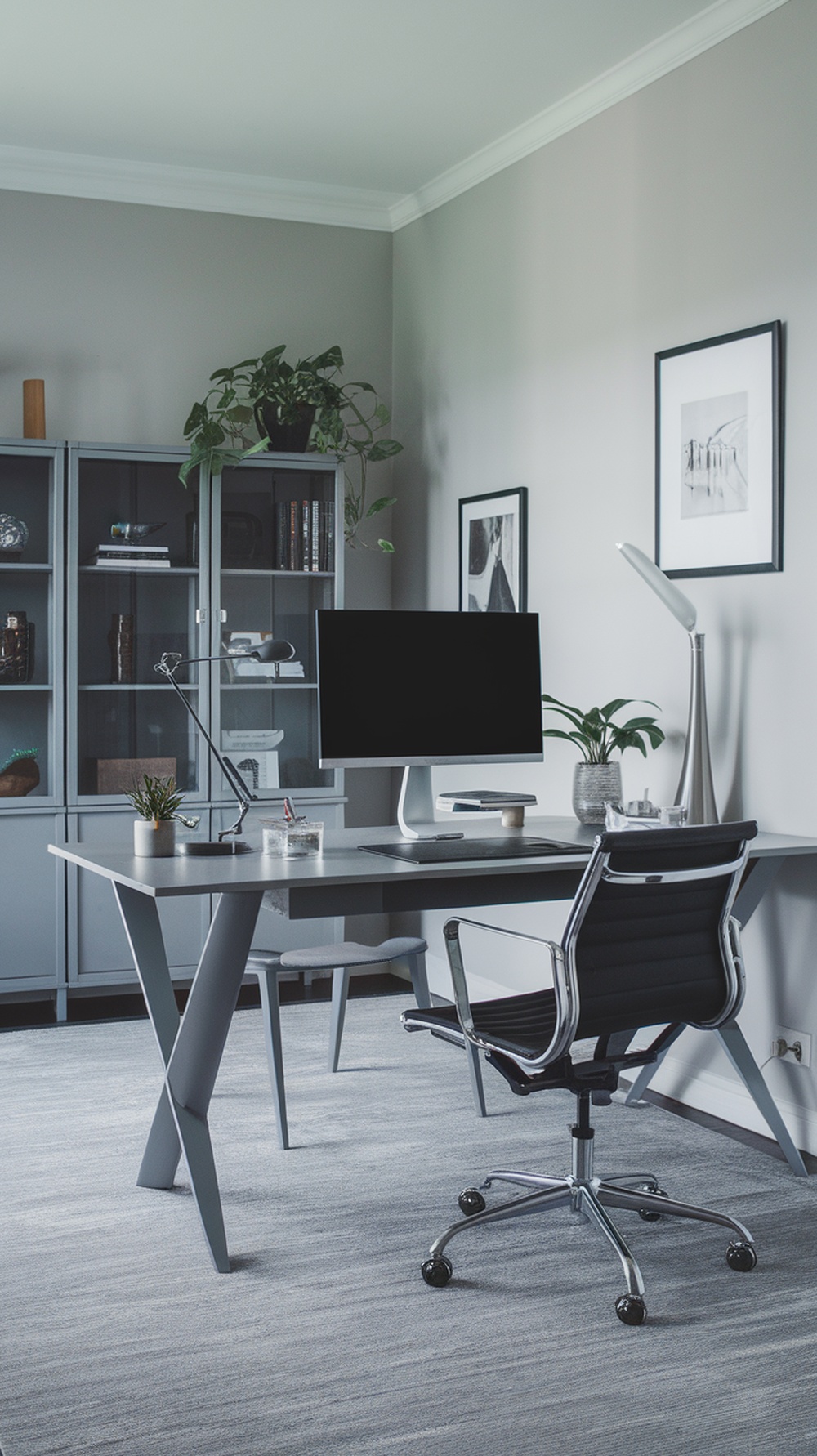 A minimalist home office featuring a gray desk, modern chair, and decorative plants.