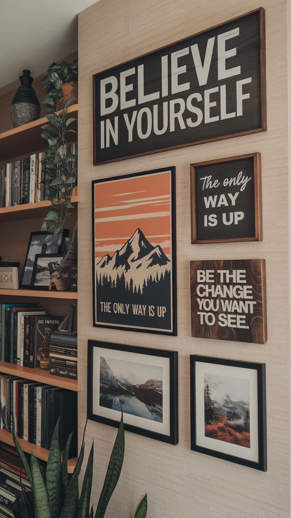 A wall in a home office featuring framed abstract art and wooden quotes.