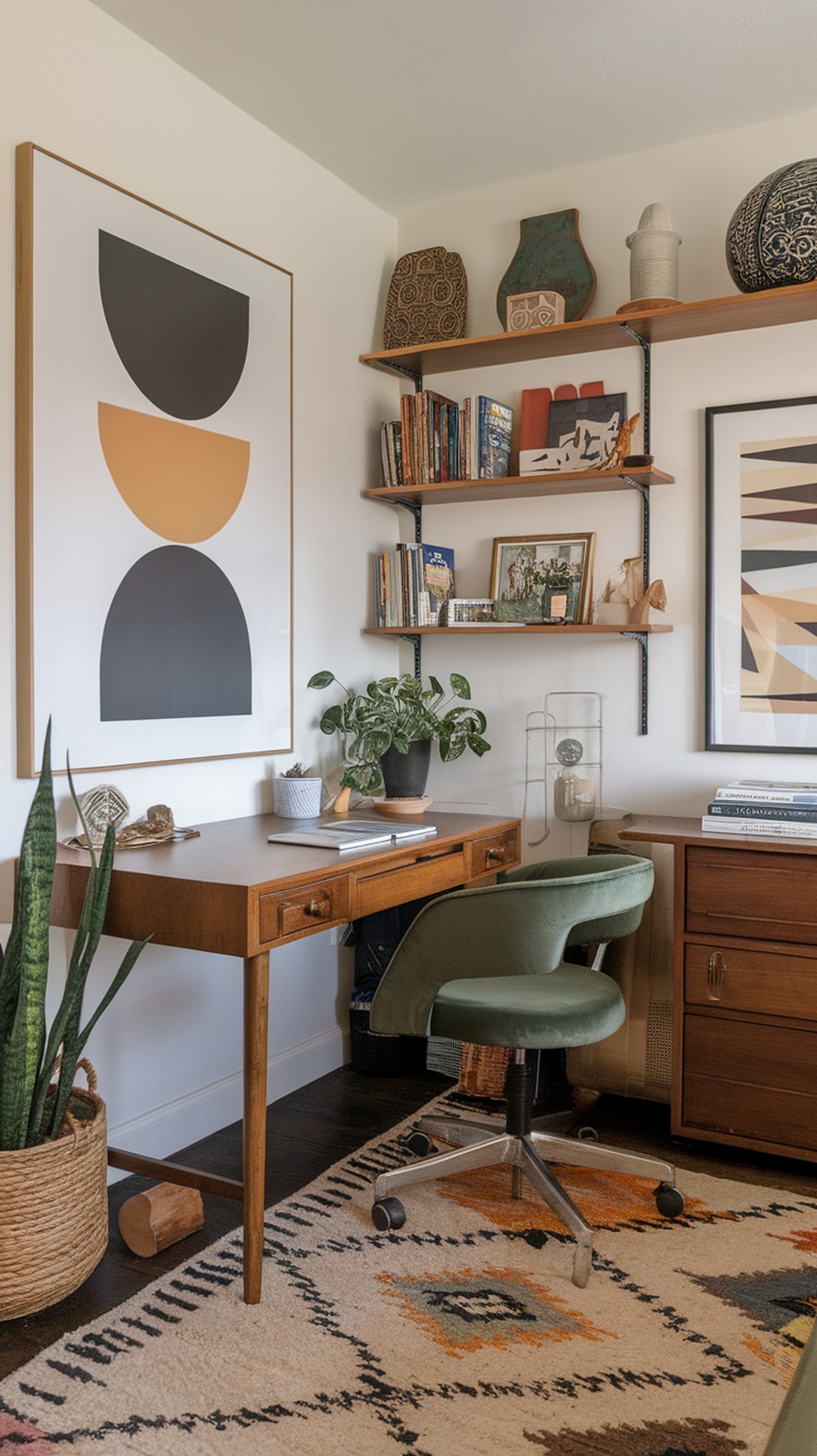 A cozy home office featuring a wooden desk, green chair, geometric wall art, and plants.