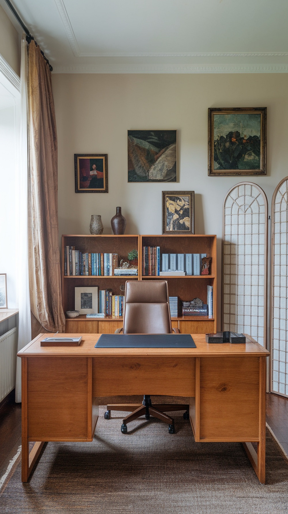 A stylish home office featuring a wooden desk, comfortable chair, bookshelf, and decorative art.
