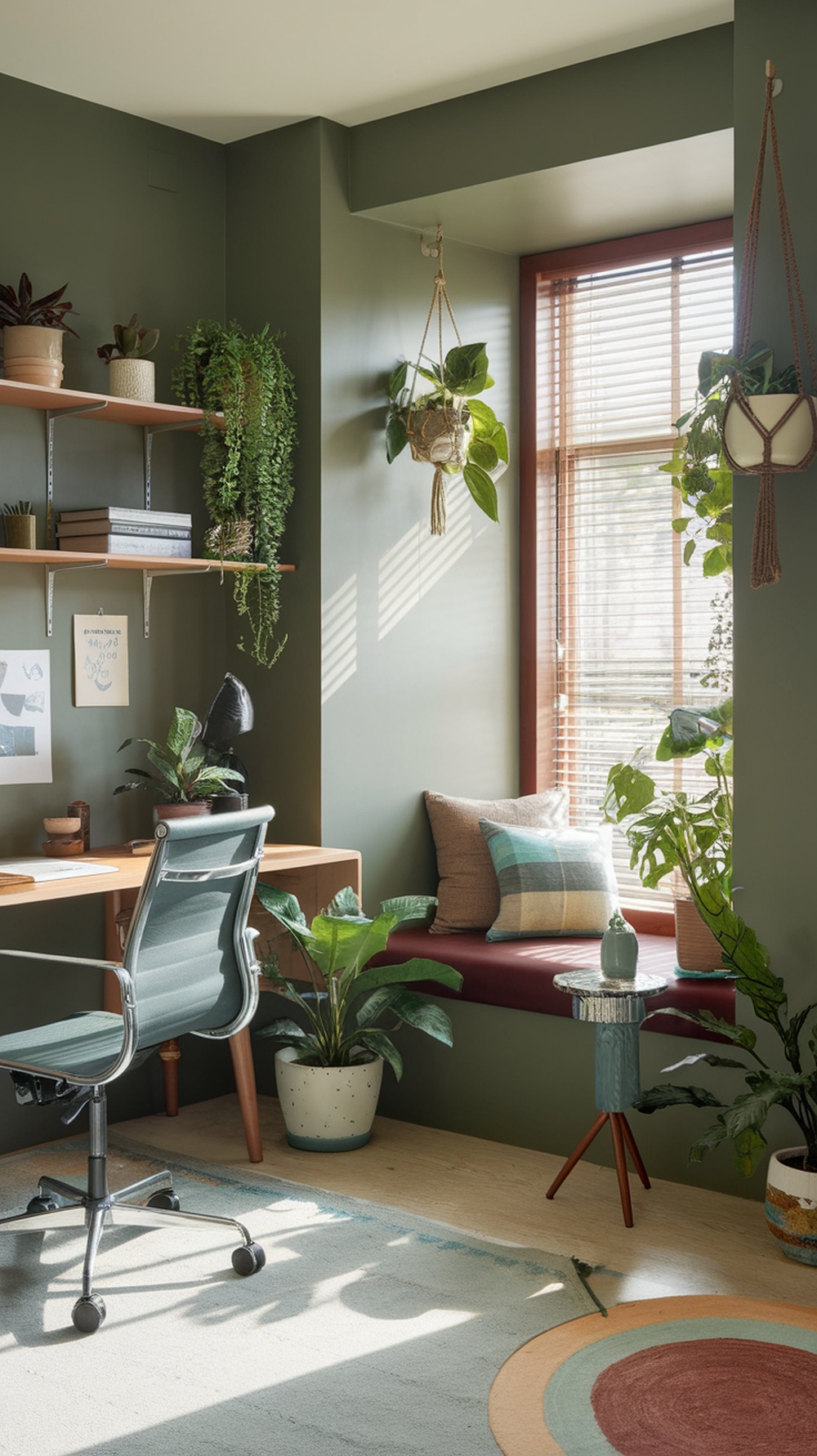 An office with rich forest green walls, a wooden desk, plants, and a cozy seating area by the window.