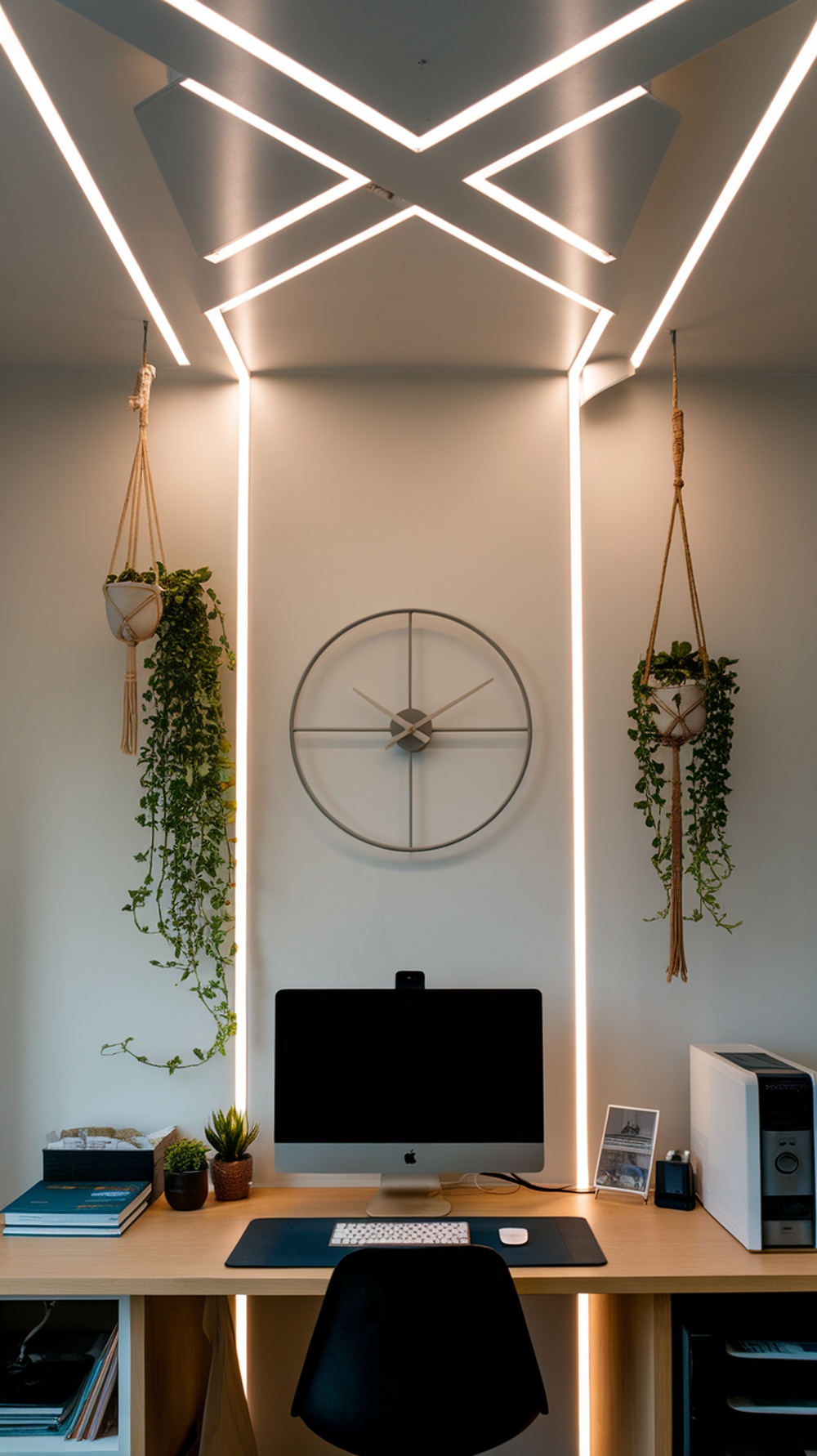 A modern home office with smart lighting, featuring a computer, plants, and a clock.