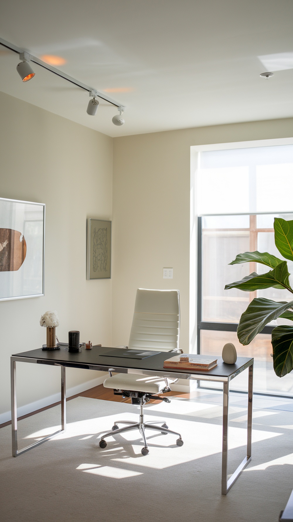 Modern home office with a sleek desk, ergonomic chair, and smart technology