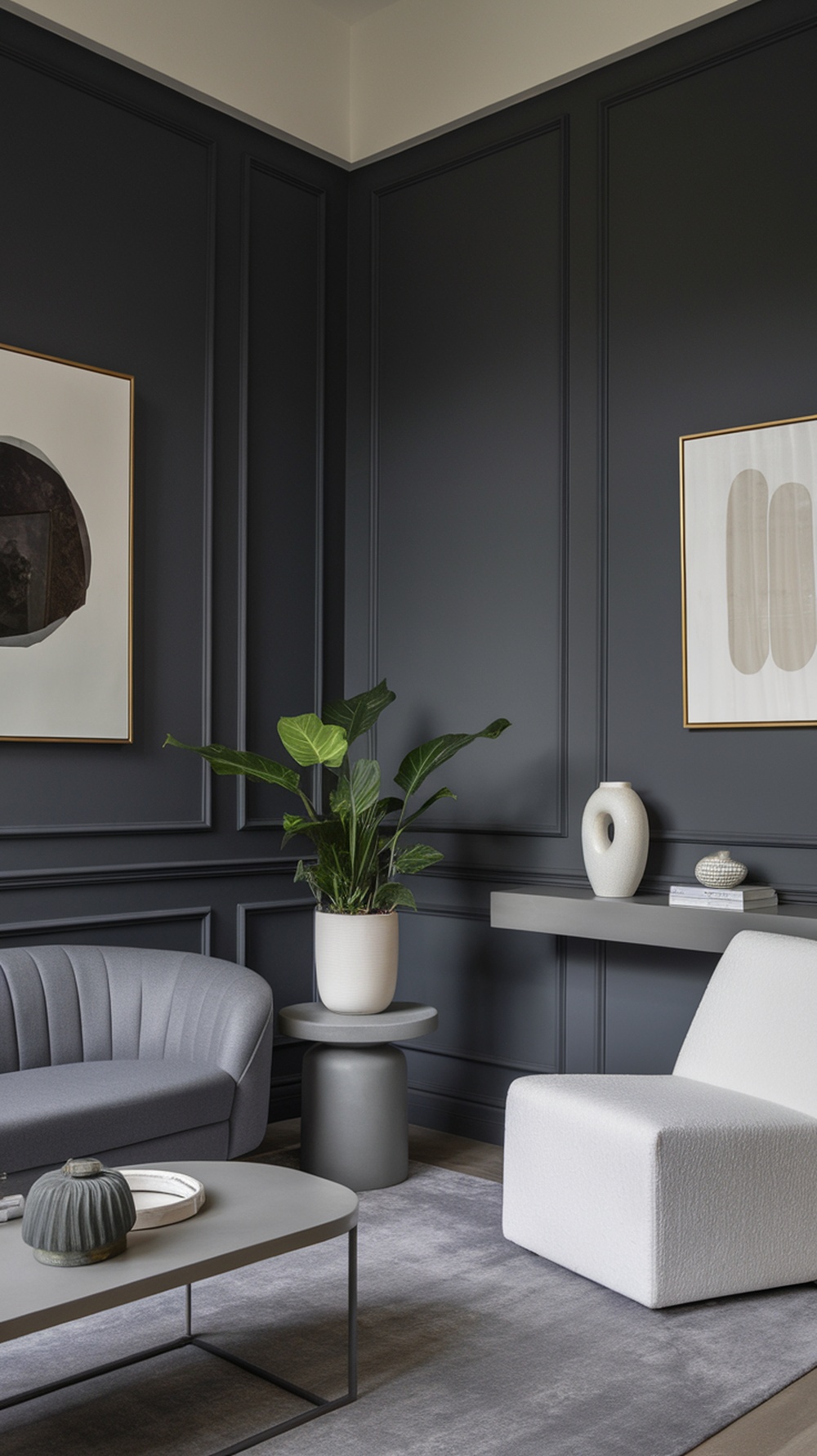 An elegant office space featuring charcoal gray walls, modern furniture, and decorative plants.