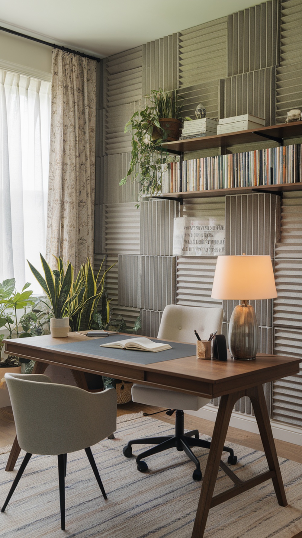 A modern home office featuring soundproofing panels, a wooden desk, and plants.