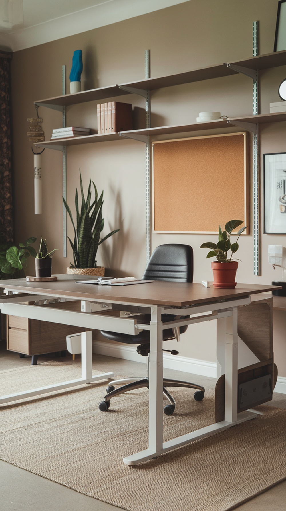 A modern home office featuring a multi-functional desk, shelves, and plants.