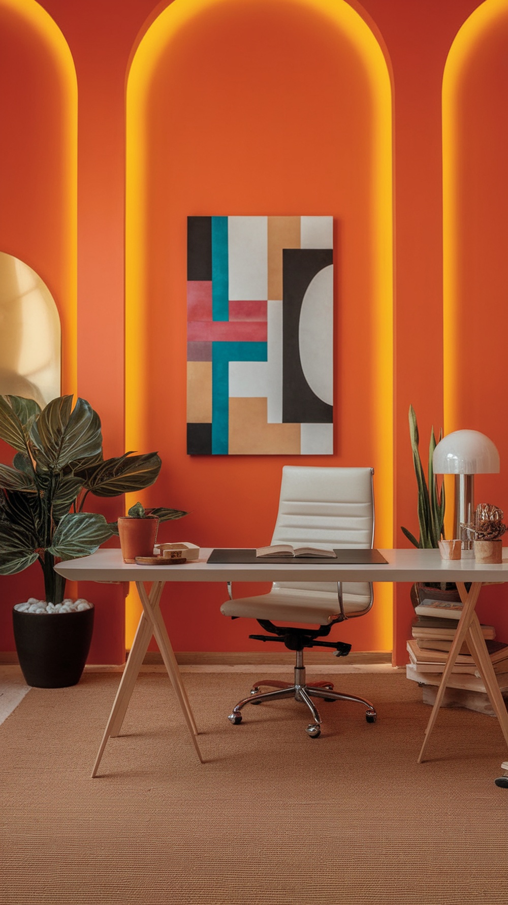 An office with vibrant orange walls, geometric artwork, a desk with a chair, and plants.