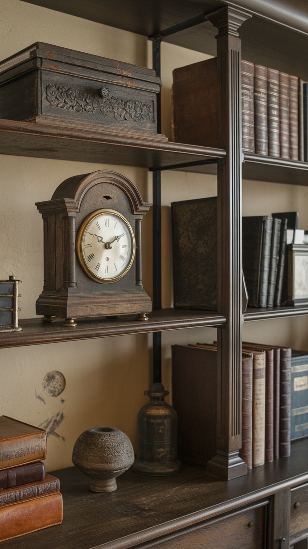 A vintage-inspired home office bookshelf with classic books, a wooden clock, and decorative artifacts.