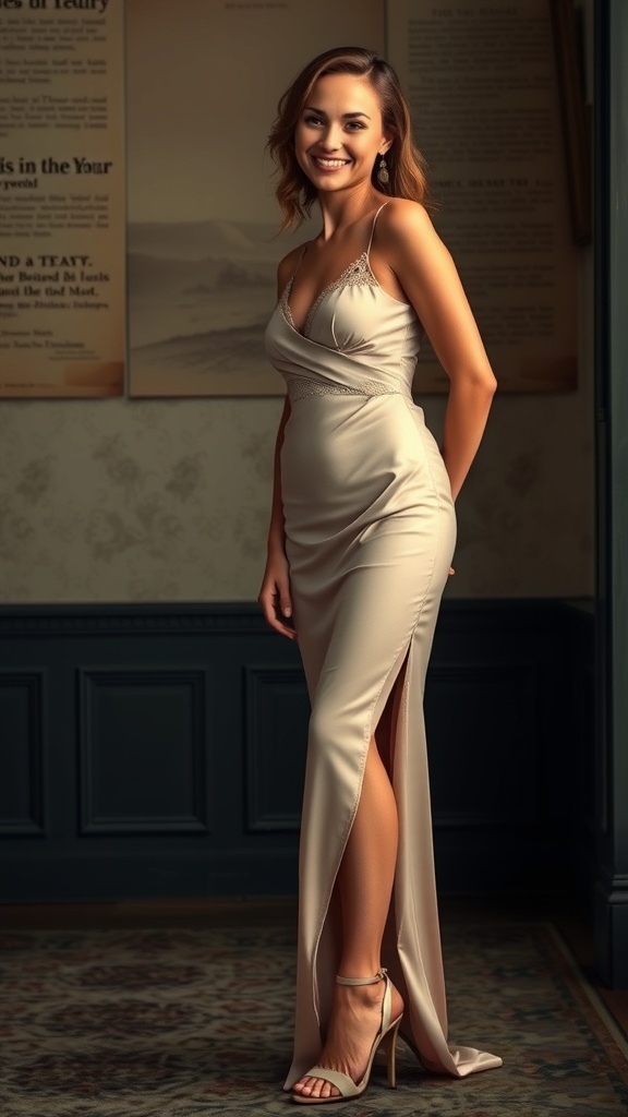A woman in a 1930s bias cut dress with lace-top stockings, showcasing a timeless vintage look.