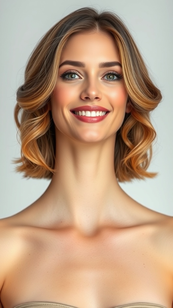A woman with shoulder-length hair styled in soft waves, showcasing a 1940s vintage hairstyle.