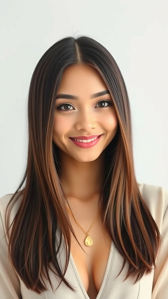 A woman with straight layered hair styled with a zig-zag part, showcasing a cute and modern look.