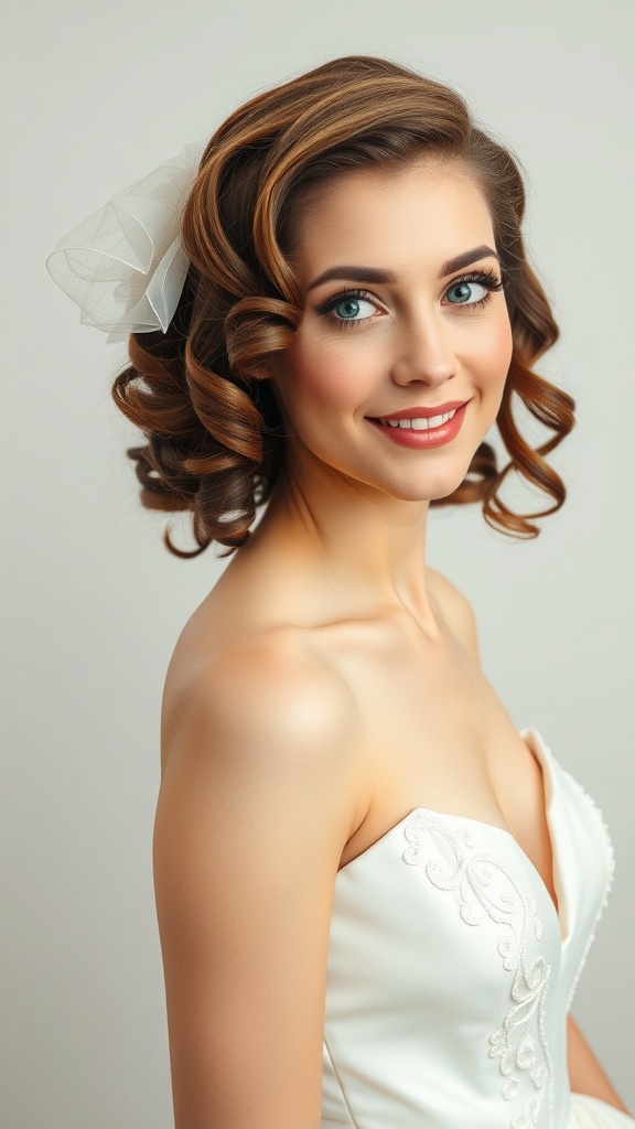 A bride with 50s curls styled in a side bun, adorned with a veil.